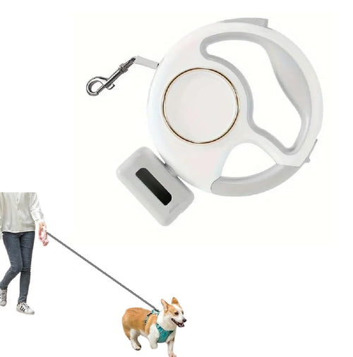 Best Dog Supplies Luxurious White LED-Retractable Dog Leash 10ft/3M - Rechargeable Pet Leash with LED Flashlight One-Handed Brake Ring Buckle Locker & Poop Bag Dispenser - for Small & Medium Dogs